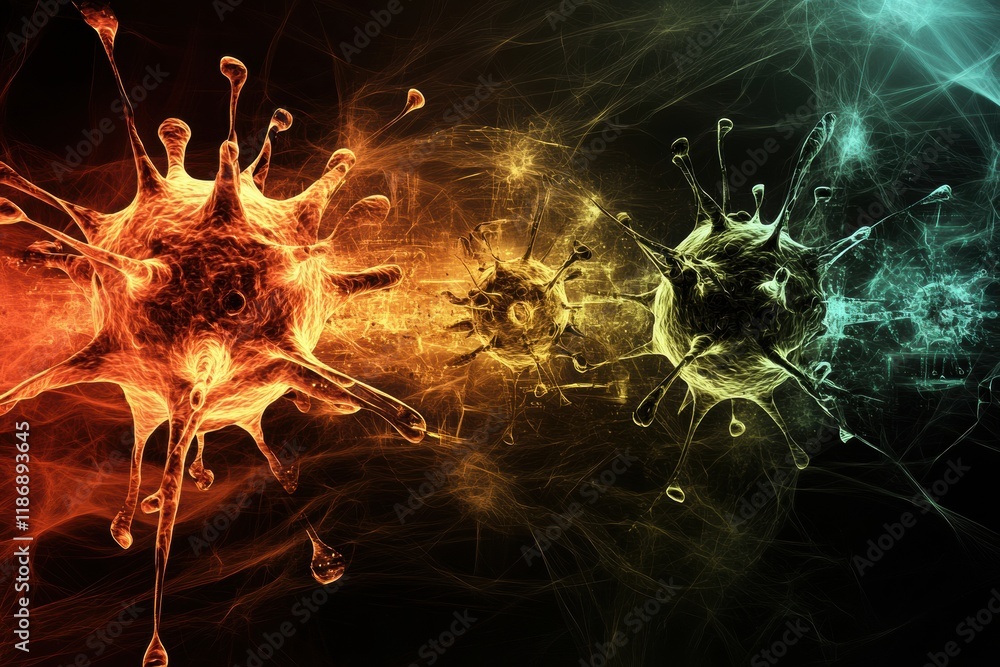 Poster antibodies actively targeting and neutralizing a virus in a detailed microscopic view. generative ai