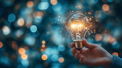 A person is holding a light bulb. The light bulb is lit up and is glowing