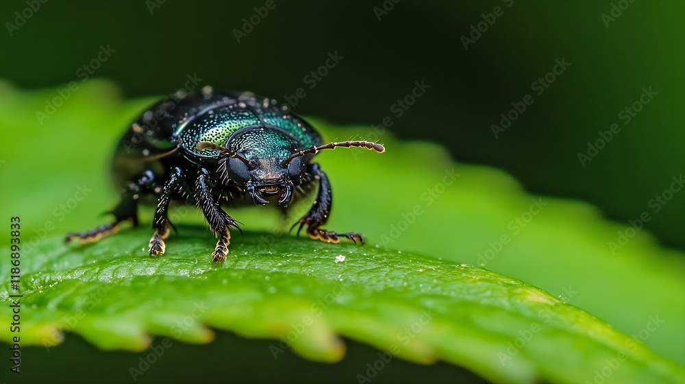 Poster macro closeup of green beetle resting on leaf in natural habitat : generative ai