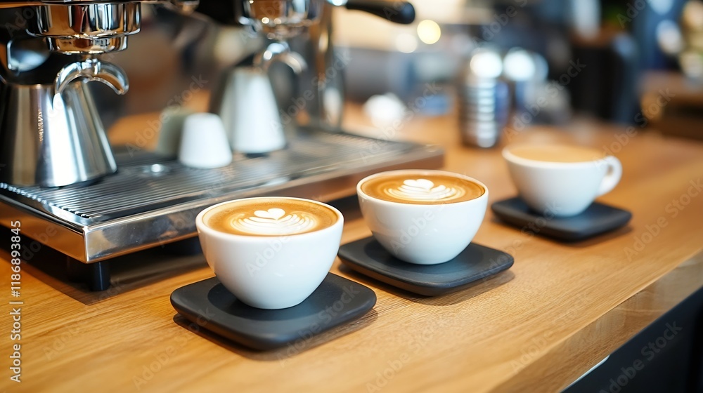 Aufkleber perfectly crafted lattes with latte art on modern espresso machine : generative ai