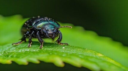 Fototapeta premium Macro CloseUp of Green Beetle Resting on Leaf in Natural Habitat : Generative AI