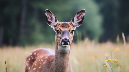 Fototapeta premium Wild Deer in Meadow with Lush Greenery and Gentle Morning Light : Generative AI