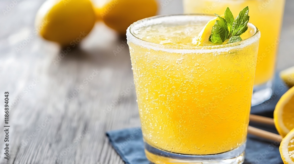 Fototapete refreshing icy lemon drink with slices and fresh mint on rustic table : generative ai