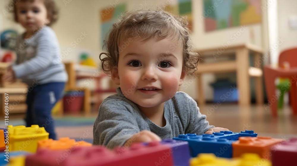 Aufkleber smiling toddler playing with colorful blocks in daycare setting : generative ai