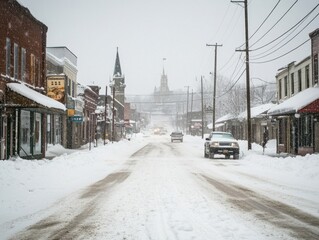 Snow covers empty street in small town, with buildings lining the road and a church steeple visible in the distance during a winter storm