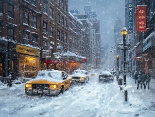 Snowfall blankets a bustling city street with yellow taxis and warm storefronts during a winter evening