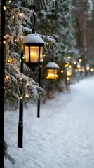 Winter pathway illuminated by vintage lanterns in a snowy forest during the evening hours
