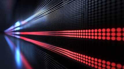 Futuristic server room with glowing lines of red and blue lights