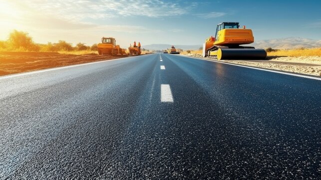 Digital background of a road construction project, featuring bulldozers, asphalt rollers, and workers laying down the road surface, symbolizing the critical steps in roadbuilding
