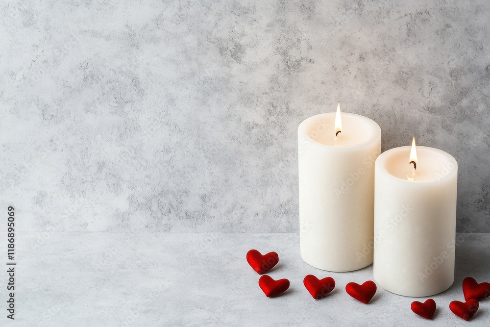 Poster white candles glow softly beside red heart shapes on a textured gray backdrop, creating a warm and i