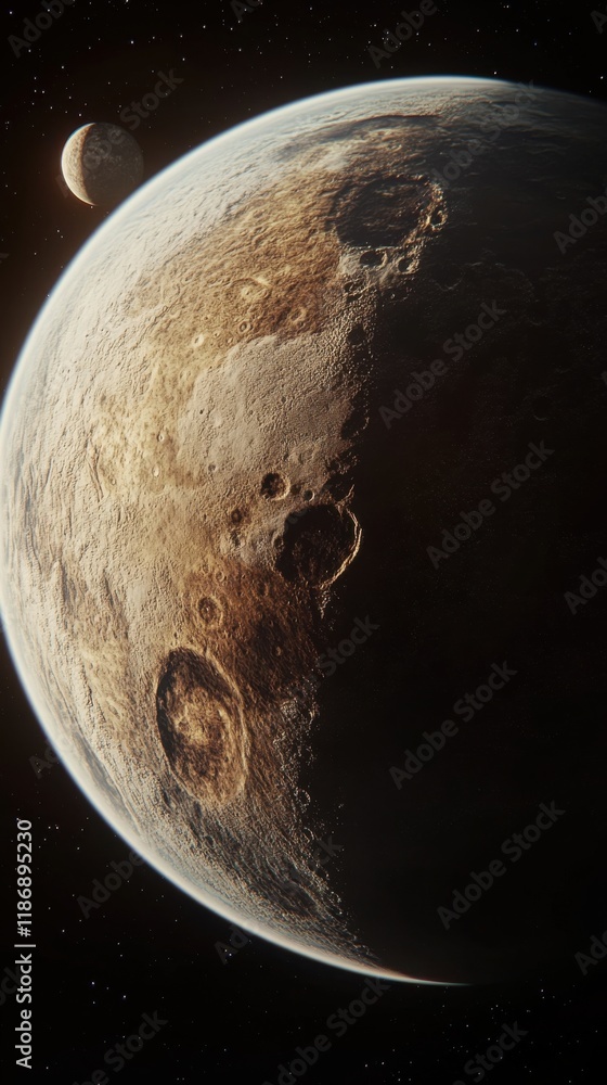 Poster stunning view of pluto and its moons captured from deep space showcasing the icy surface and cratere