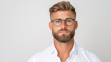 Obraz premium Confident Young Man with Glasses in Casual White Shirt Pose