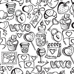 Valentine s Day seamless pattern in doodle style. Vector background for wrapping