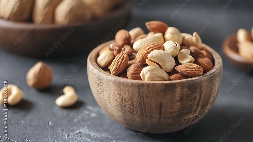 Poster Assorted Nuts in Rustic Wooden Bowl on Dark Background for Healthy Eating : Generative AI