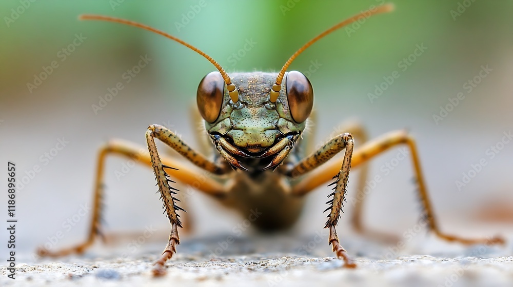 Aufkleber Closeup of a Grasshopper on Ground with Detailed Texture and Colorful Background : Generative AI