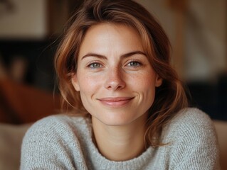 Smiling woman in cozy sweater sitting indoors with warm lighting and relaxed atmosphere, showcasing a natural and inviting expression