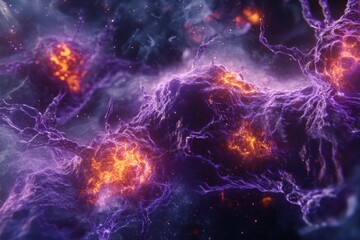 Glowing cancer cells illuminated against a dark background create a striking visual of cellular activity. Generative AI