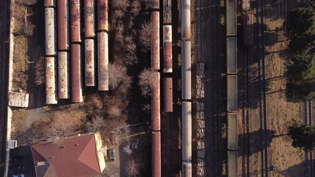 Top down view of an industrial freight train yard. Logistics hub in Tbilisi, Georgia