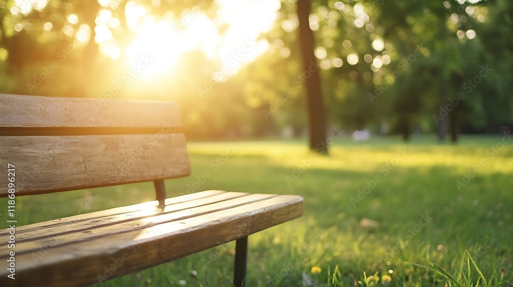 Poster serene park bench illuminated by golden hour sun with greenery in background : generative ai