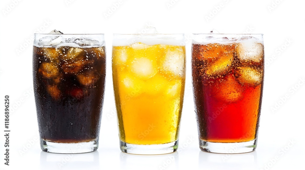 Poster assorted chilled soft drinks with ice cubes in glasses on bright white background : generative ai