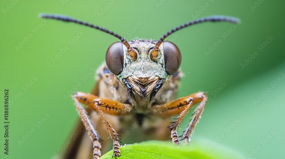 Aufkleber CloseUp of a Grasshopper on Leaf Displaying Intricate Details and Natural Colors : Generative AI
