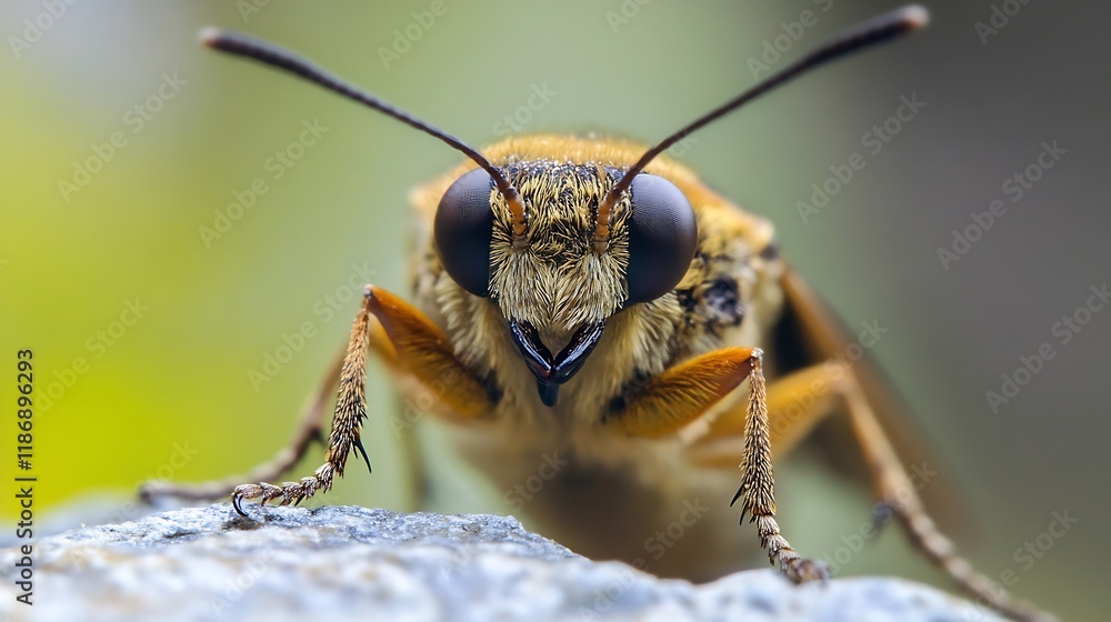 Poster macro shot of a bee with detailed eyes and antennae on a rock in natural setting : generative ai
