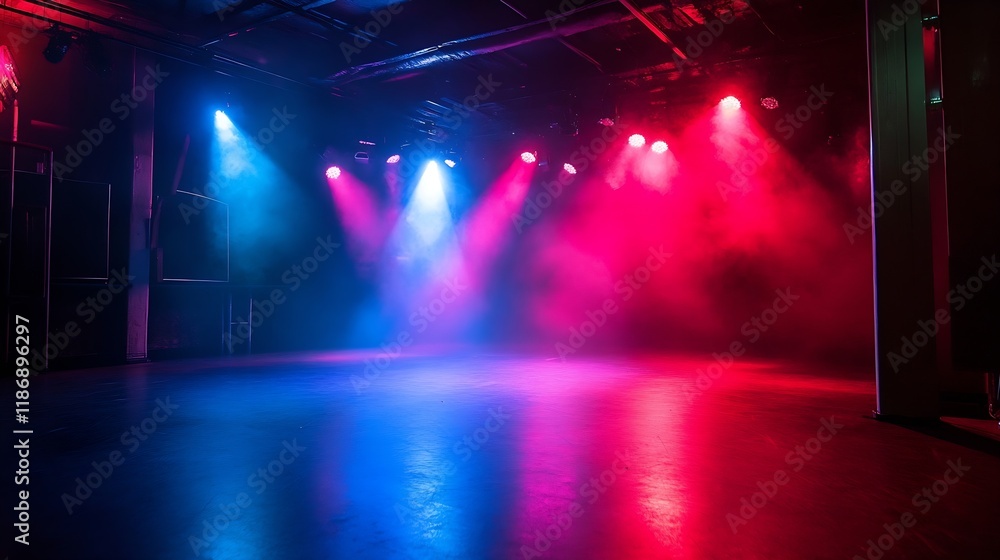 Aufkleber dramatic empty stage illuminated with colorful lights and smokey ambiance : generative ai