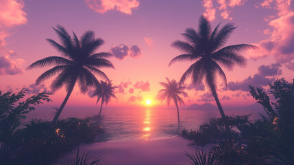 Tropical palm trees, sea and sunset background
