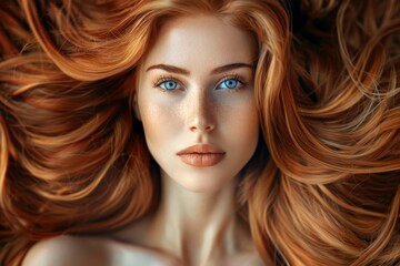 A striking portrait of a woman with long red hair and blue eyes. Top view