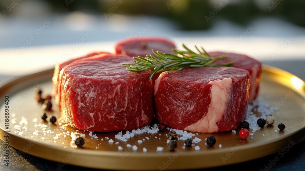 Poster fresh and high-quality beef cuts displayed on a rustic plate surrounded by seasoning and herbs in a 