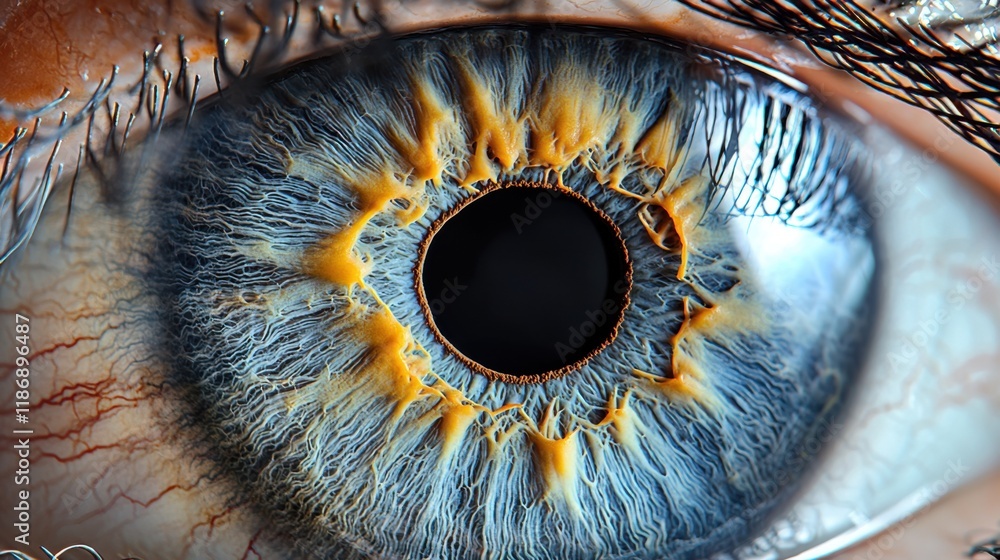 Poster close-up view of a human eye showcasing vibrant colors and intricate patterns in the iris under natu