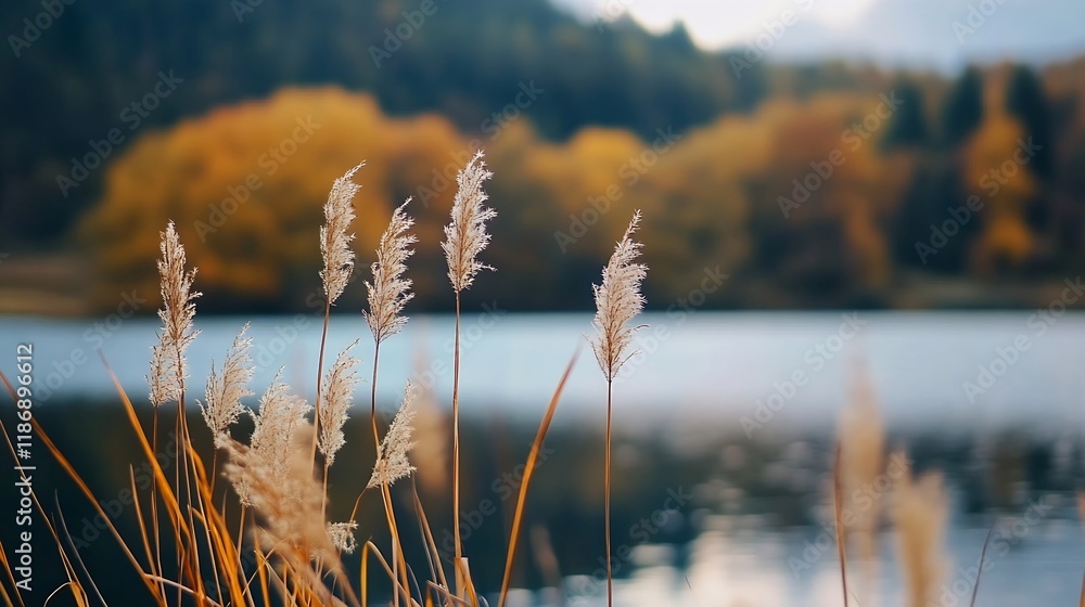 Poster serene autumnal lake scene with reeds and forest reflection in calm water : generative ai
