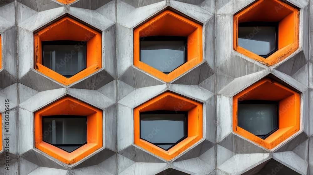 Poster hexagonal concrete facade: embracing brutalist architecture with a bold orange and grey color scheme