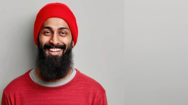Smiling man with a beard and red beanie in a casual sweater poses against a neutral background in a cheerful setting