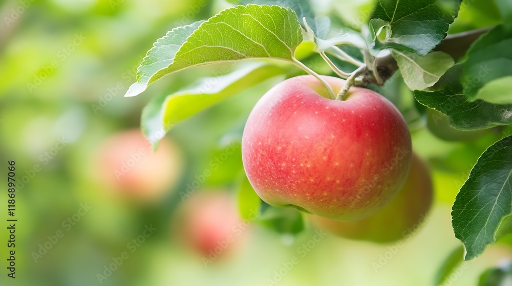 Poster closeup of ripe red apple hanging on tree in sunny garden orchard : generative ai