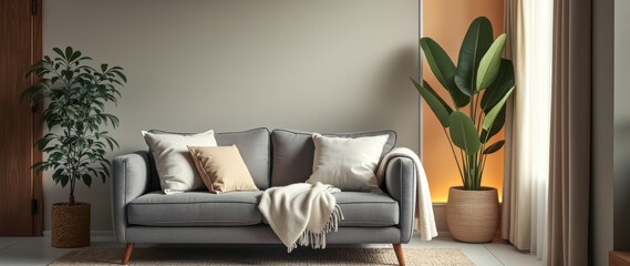 gray sofa modern living room with plants natural light