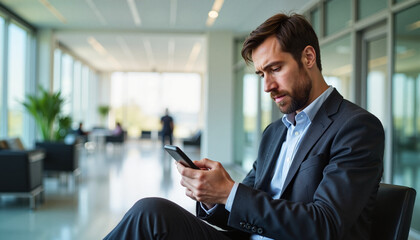Fototapeta premium Annoyed clerk Businessman checking smartphone in modern office lobby