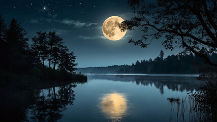 moon, night, sky, dark, star, full, cloud, clouds, water, light, nature, stars, space, landscape, moonlight, tree, blue, sea, black, planet, full moon, fantasy, lake, ocean, reflection