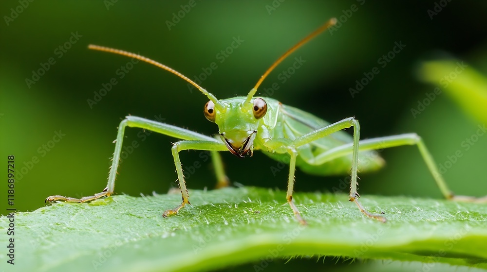 Poster Macro Closeup of Leaf Dwelling Green Grasshopper with Detailed Features : Generative AI