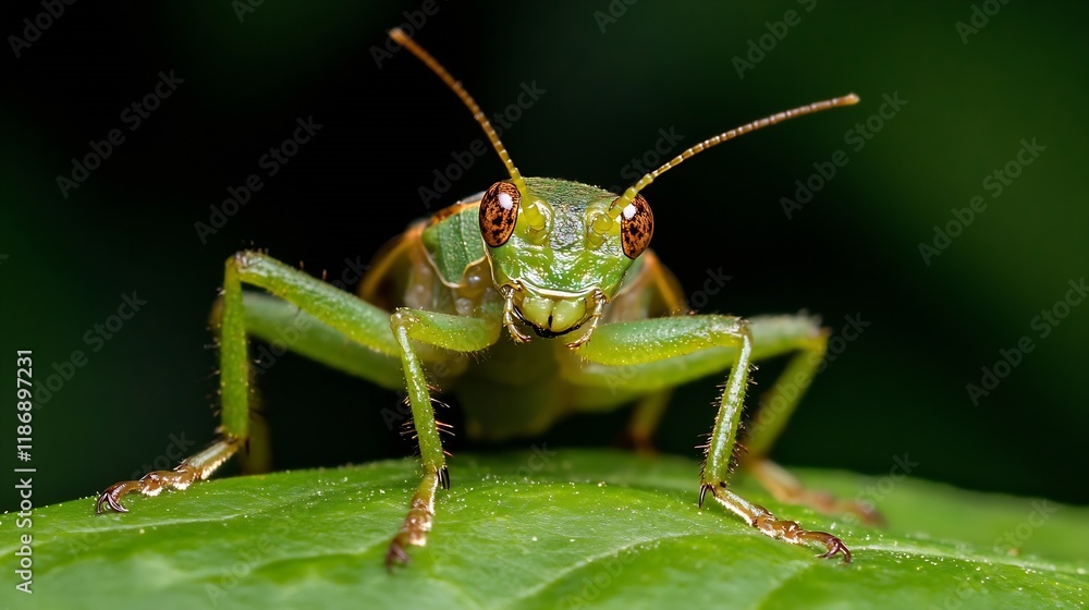 Poster CloseUp of Green Grasshopper on Leaf in Natural Habitat Setting : Generative AI