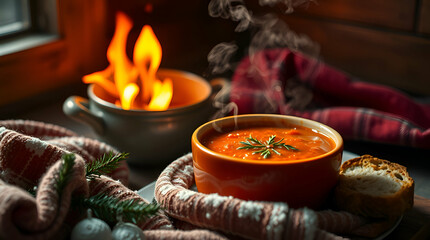 A cozy winter scene with a steaming bowl of homemade tomato soup and crusty bread.	