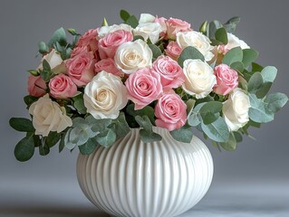 Fototapeta premium Beautiful bouquet of pink and white roses with eucalyptus in a textured white vase against a gray background