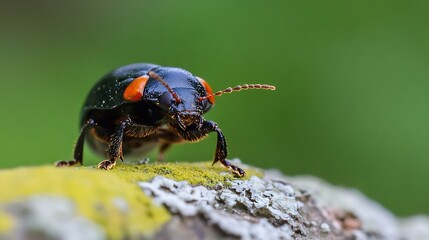 Closeup of Vibrant Beetle on Mossy Log with Distinctive Orange Markings : Generative AI