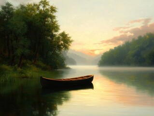 Serene Morning Landscape with a Canoe on Still Waters at Sunrise
