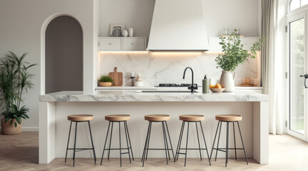modern kitchen with marble island wooden bar stools