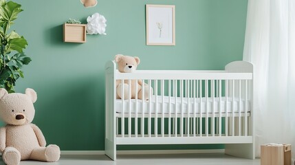 Charming Nursery with Green Walls Adorned with Teddy Bears and a Cot : Generative AI