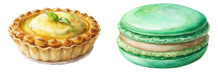 Delicious lemon tart, vibrant green macaron, watercolor illustration, dessert art, sweet treats, bakery design.