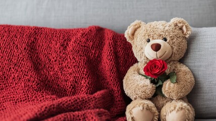 Valentine bear with romance and joy idea. Teddy bear holding a rose on a cozy blanket.