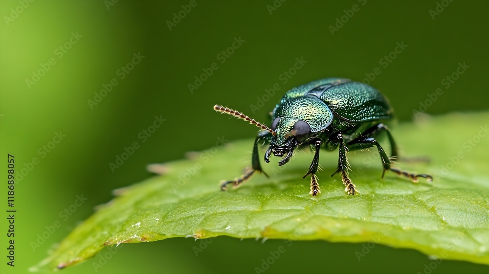 Poster closeup of metallic green beetle on leaf with blurred green background : generative ai