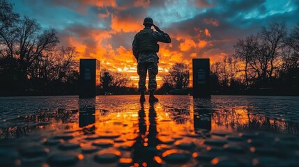 Fototapeta premium Soldier Saluting at Sunset with Reflections in Water, Dramatic Sky Colors and Silhouette Against Vibrant Background, Honoring Service and Sacrifice
